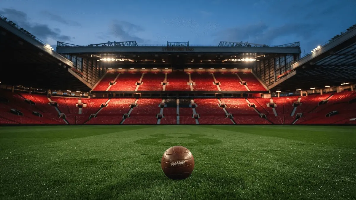 Old Trafford stadium interior with red seats under floodlights and football on pitch