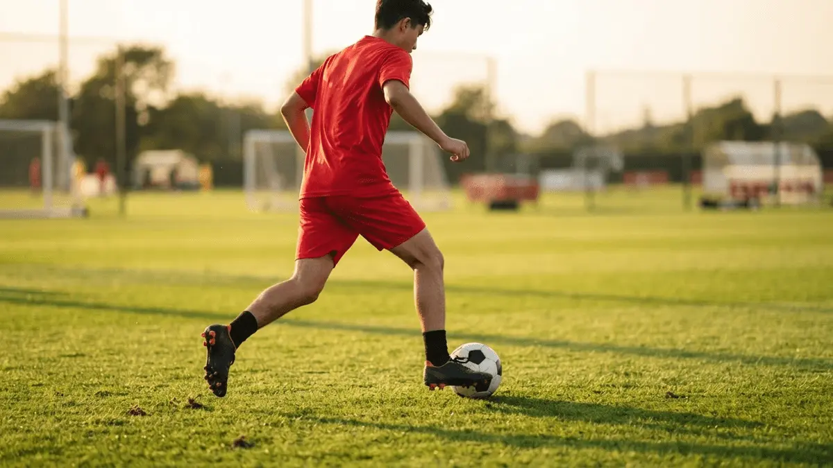 Young footballer in red training kit on grass pitch at Carrington training ground