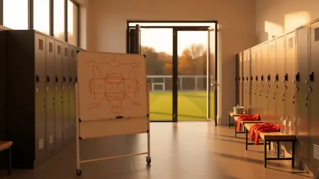 Modern football training facility dressing room with red accents and view of training pitch
