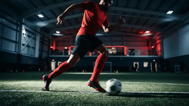 Brazilian midfielder driving forward with ball in red training kit at indoor football facility