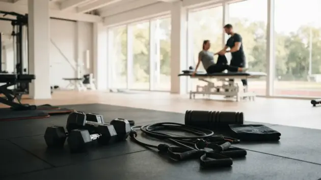 Modern gym training equipment with natural light streaming through windows, rehabilitation recovery setting