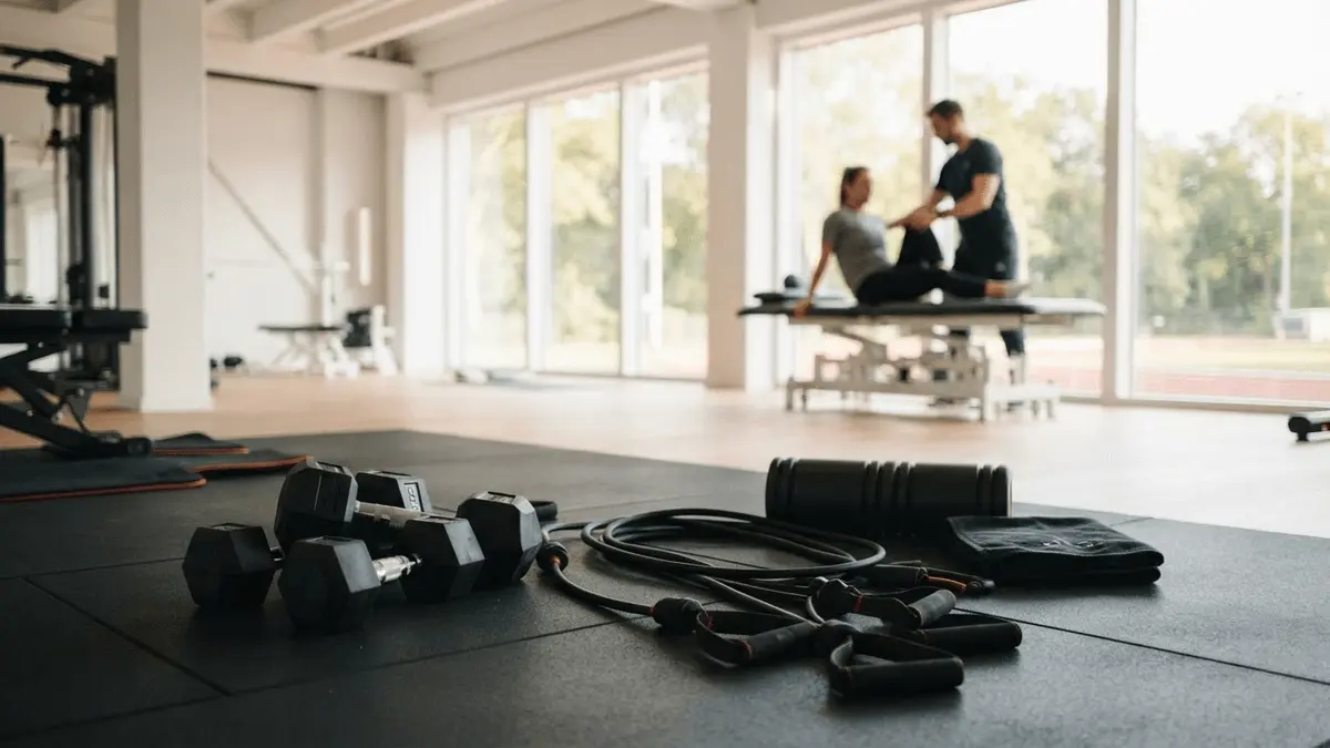 Modern gym training equipment with natural light streaming through windows, rehabilitation recovery setting