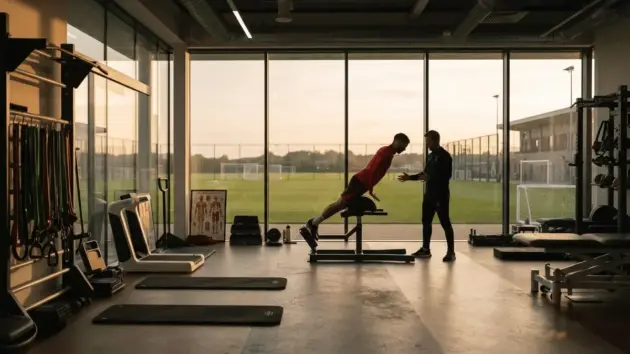 Football player in red kit doing physiotherapy exercises in modern training ground rehabilitation center