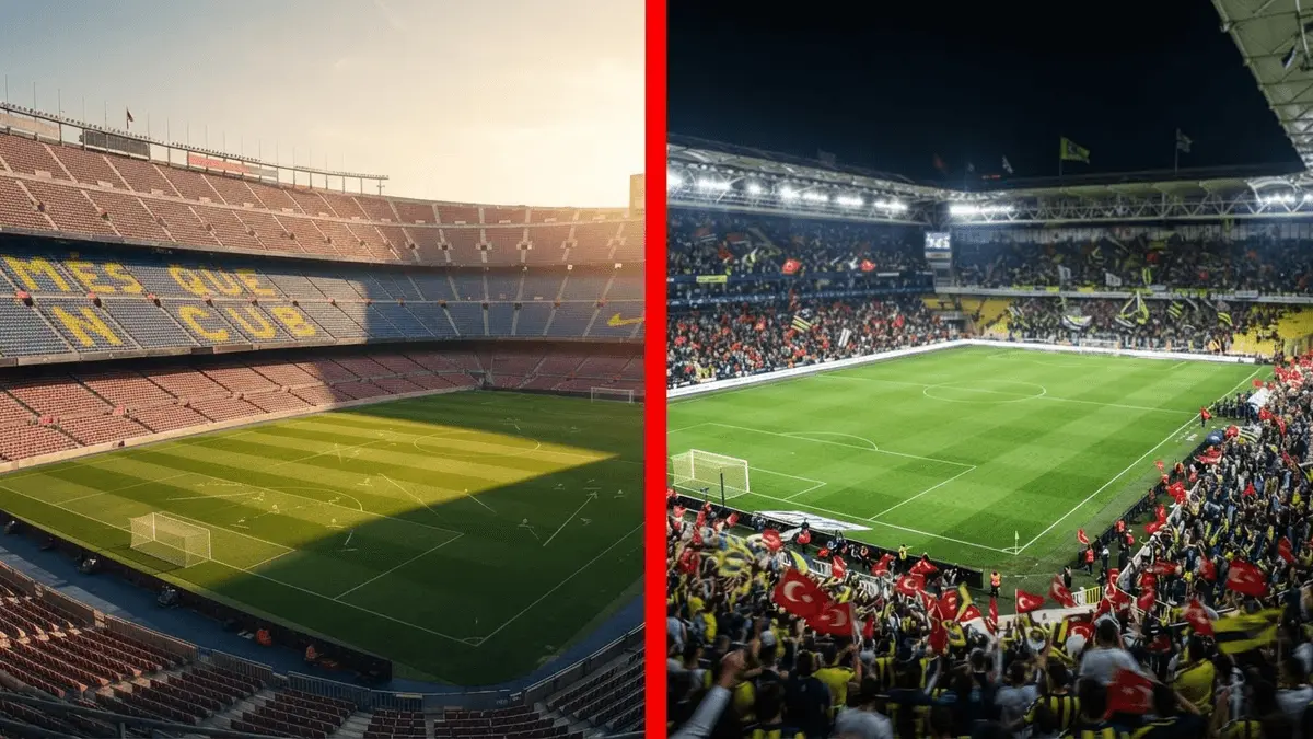 Split view of Camp Nou and Fenerbahce stadiums representing Greenwood's transfer journey