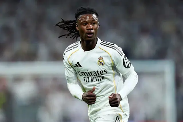 Eduardo Camavinga wearing Real Madrid jersey during a match.