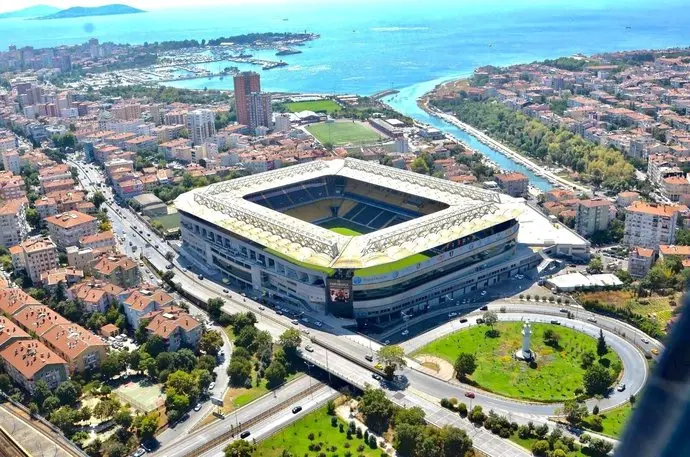 Aerial view of Fenerbahce Sukru Saracoglu Stadium in Istanbul, surrounded by cityscape.