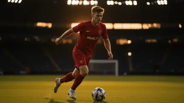 Young footballer in red jersey running with ball on pitch toward stadium lights