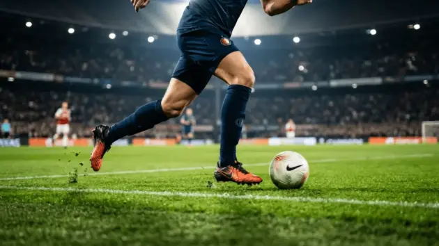 Dynamic football action shot showing player dribbling at speed in Feyenoord colors