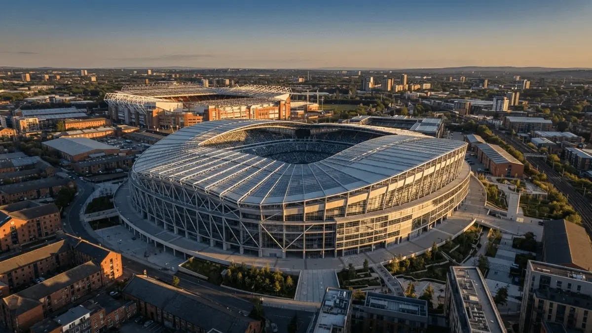 Aerial view of proposed Foster + Partners stadium design near Old Trafford in Manchester