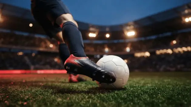 Football striker's boot about to kick ball on stadium pitch at dusk with dramatic lighting