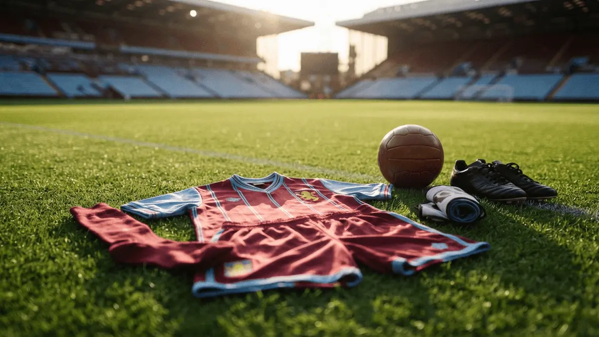 Aston Villa football kit with claret and blue stripes on grass pitch with stadium background
