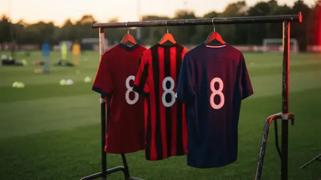 Three football jerseys representing United's midfield transfer targets hanging in dramatic training ground lighting