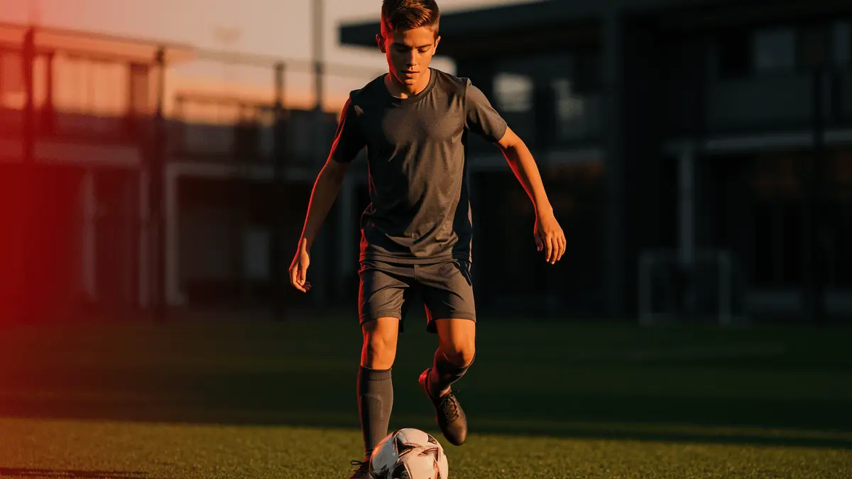Young midfielder in action on academy training pitch with dramatic lighting