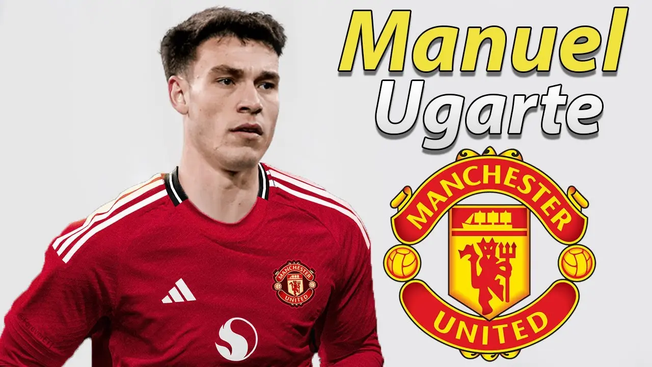 Manuel Ugarte in a Manchester United jersey with the logo prominent.
