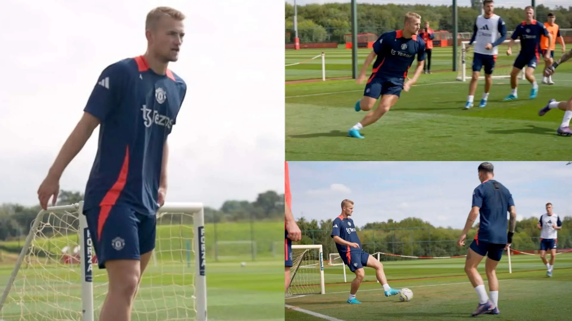 Matthijs de Ligt training with Manchester United teammates at a football pitch.