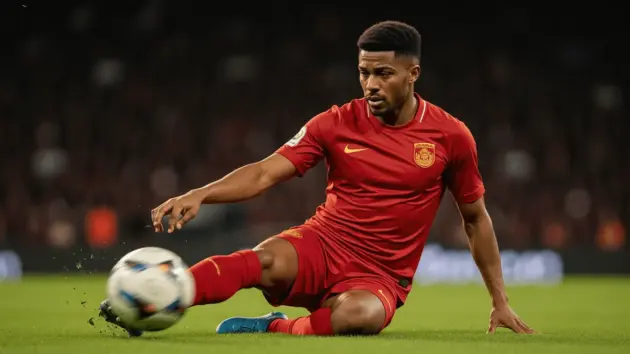 Defensive football player making sliding clearance during World Cup match in packed stadium
