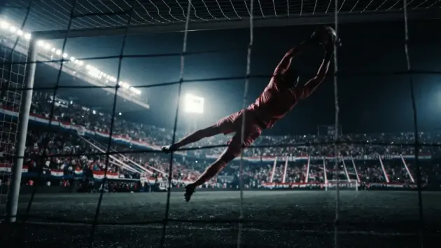 Tall goalkeeper making dramatic diving save in floodlit stadium with Paraguay colors in background