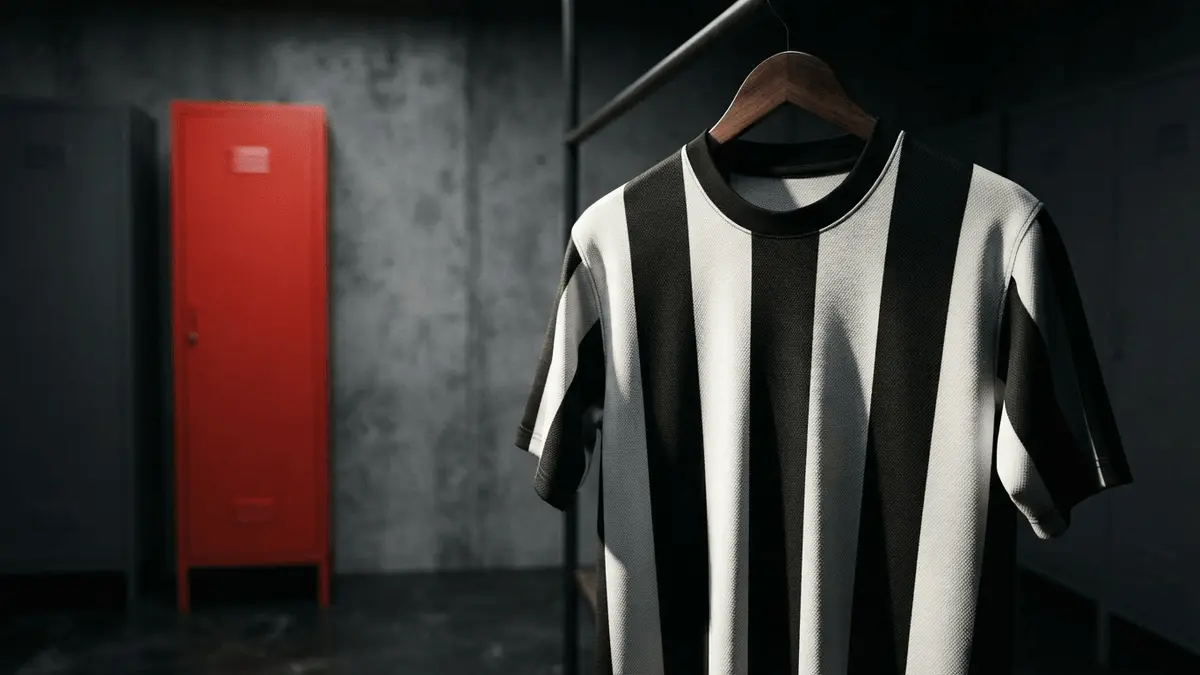 Black and white striped football jersey in locker room with red accent symbolizing transfer speculation