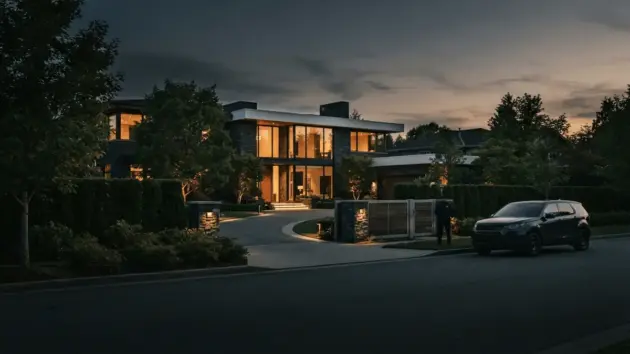 Private security vehicle outside residential property at dusk with protective detail on patrol