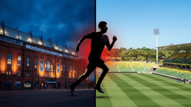 Football player silhouette between Rangers Ibrox Stadium and Australian A-League venue representing transfer decision