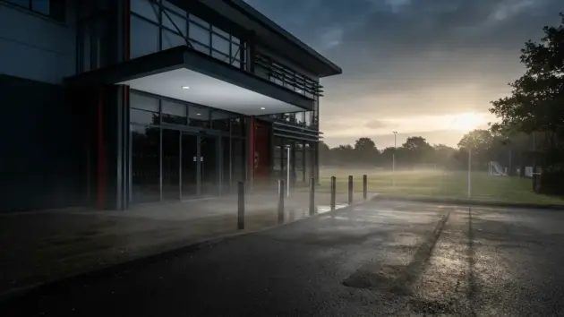 Manchester United Carrington training ground entrance at dawn with dramatic lighting and morning mist