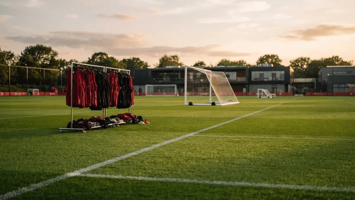 Empty Manchester United training ground at Carrington with equipment awaiting player return