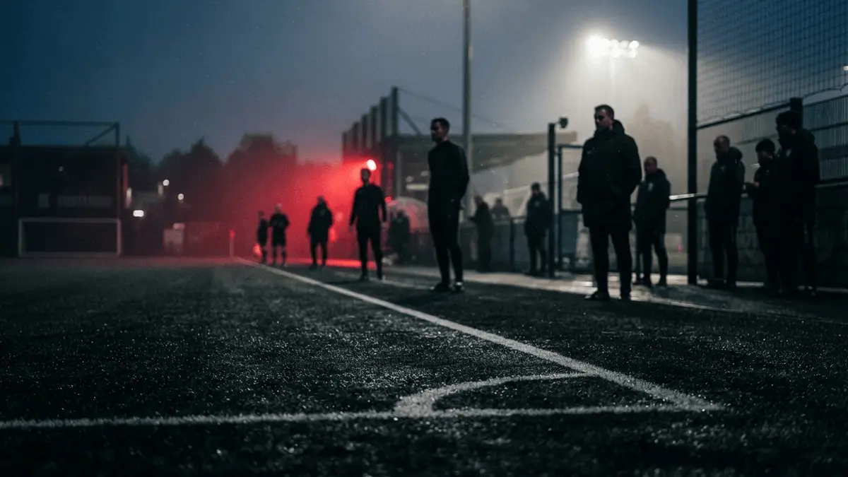 Silhouetted figures on football training ground with dramatic red accent lighting and stadium backdrop