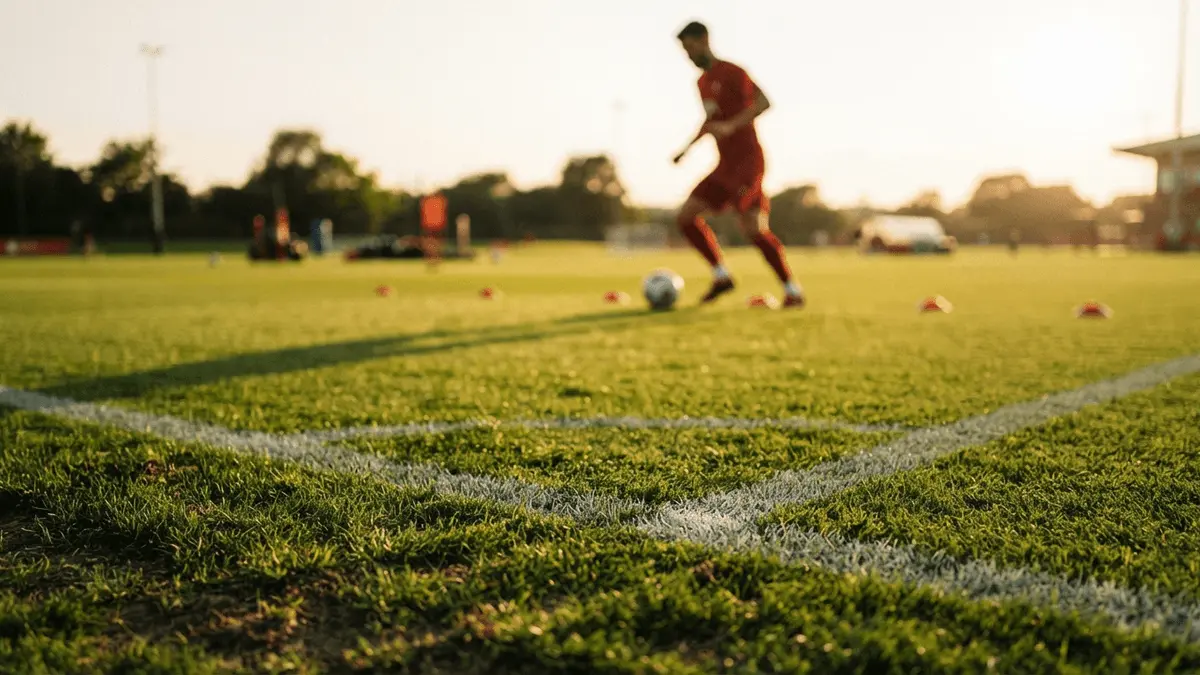 Football training ground grass with player in red kit working through fitness drills in background