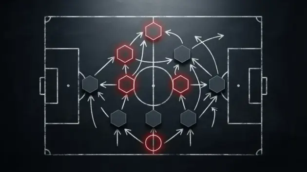 Tactical football formation diagram with red markers showing strategic player positions on dark surface