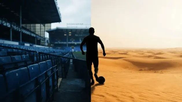 Split scene showing empty stadium and desert landscape with footballer silhouette