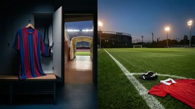 Football shirts and an empty pitch representing Balde’s Barcelona commitment and United’s left-back search