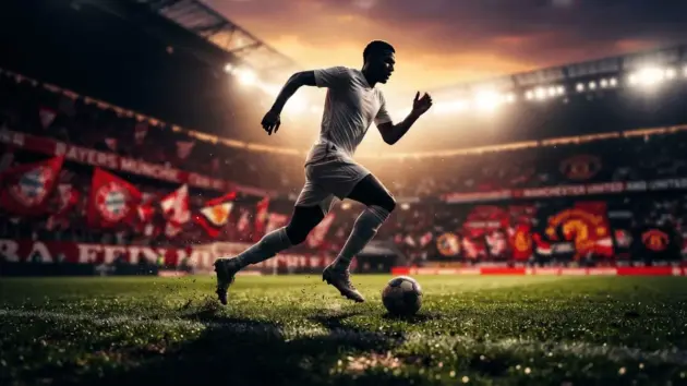 Striker silhouette on pitch with competing club colors in background, representing transfer battle