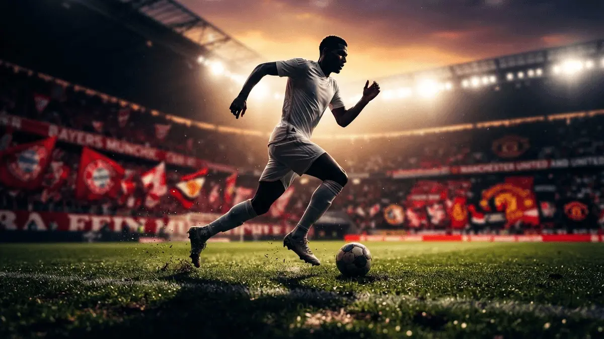 Striker silhouette on pitch with competing club colors in background, representing transfer battle