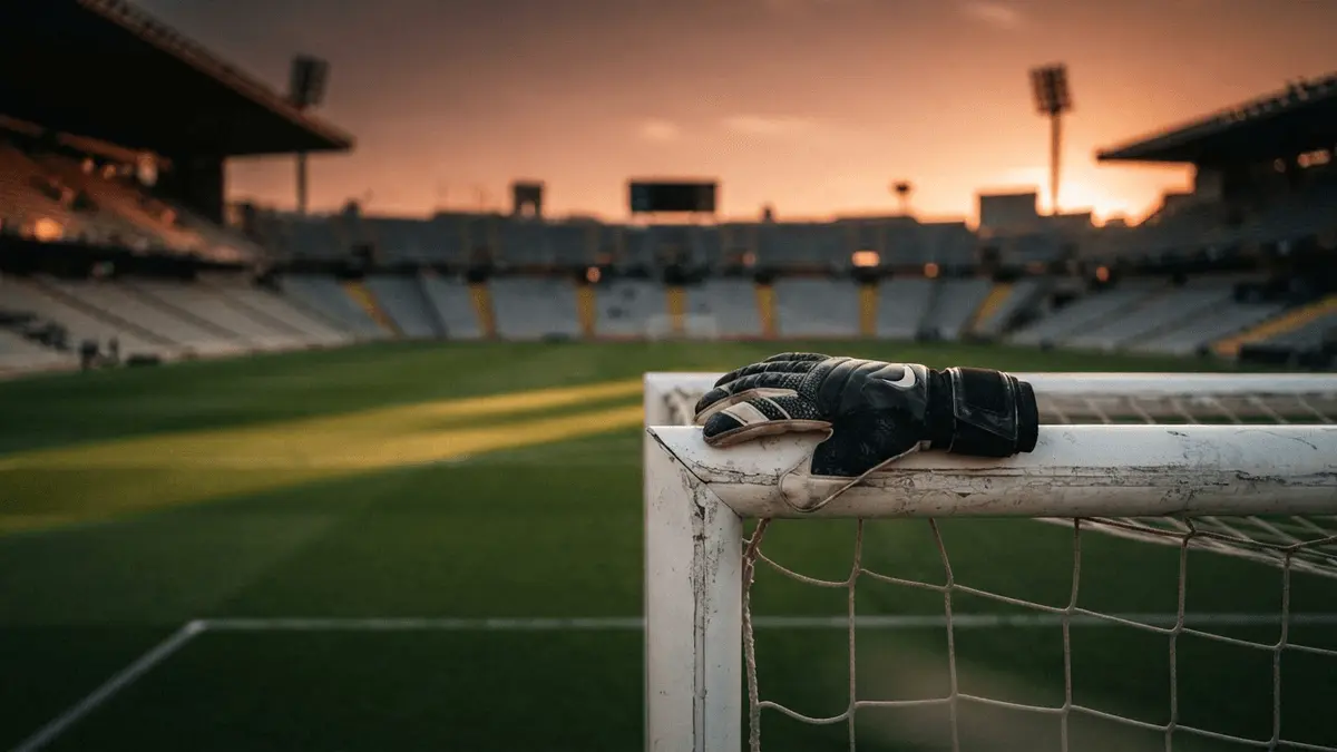 Goalkeeper glove on crossbar in empty stadium symbolizing transfer departure