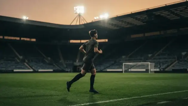 Young footballer silhouette on Championship stadium pitch under floodlights at dusk