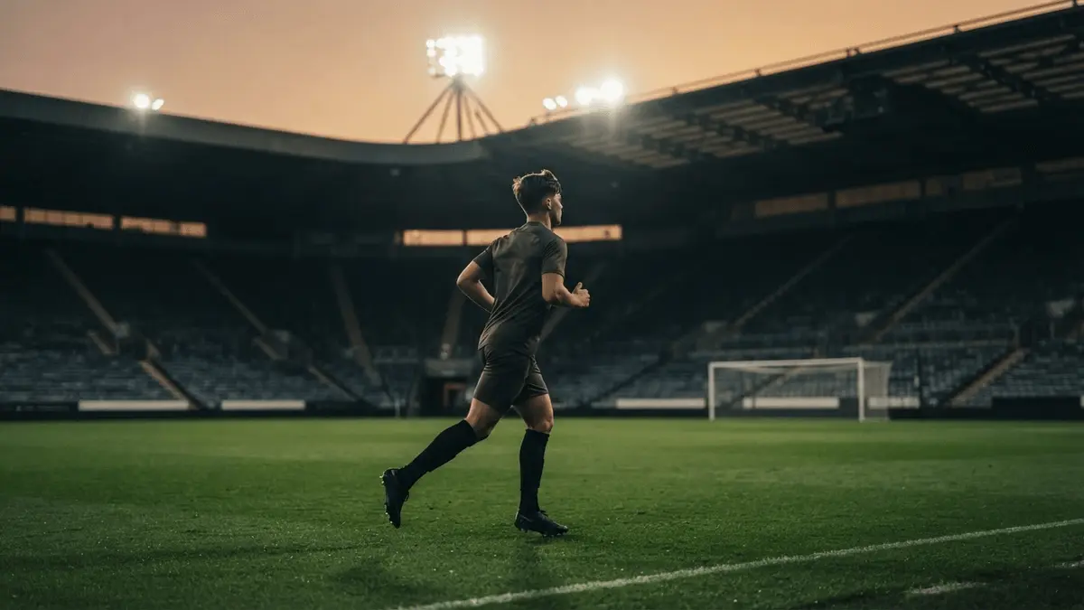 Young footballer silhouette on Championship stadium pitch under floodlights at dusk