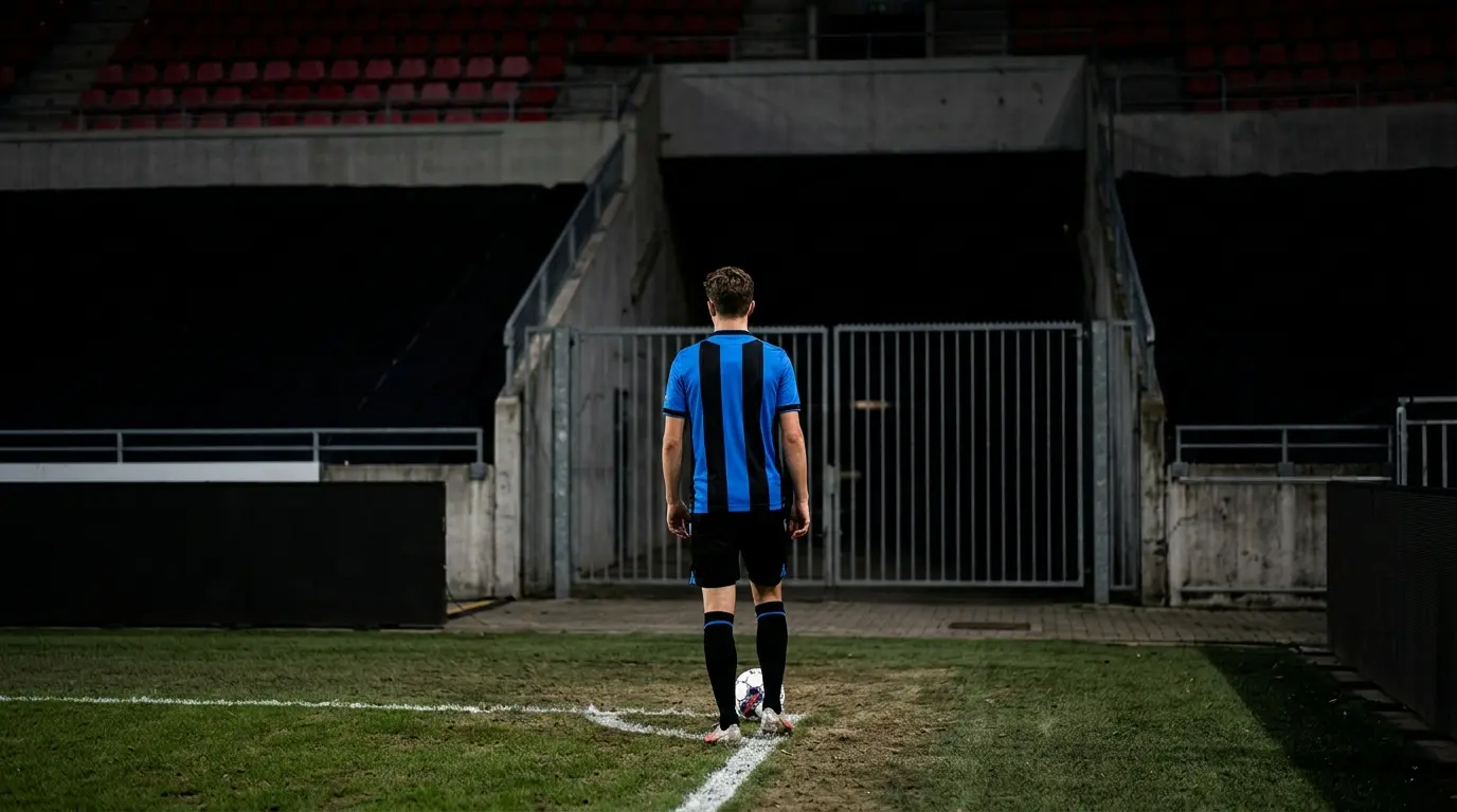 Young Club Brugge-inspired left-back beside a closed stadium gate during a transfer standoff