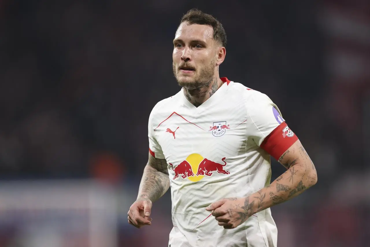 David Raum in a white RB Leipzig kit during a match
