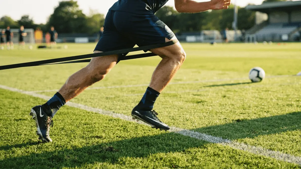 Footballer training alone on sunlit pitch with resistance band during pre-season preparation
