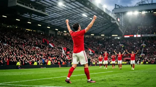 Manchester United captain-inspired player celebrates a hat-trick under Old Trafford-style floodlights