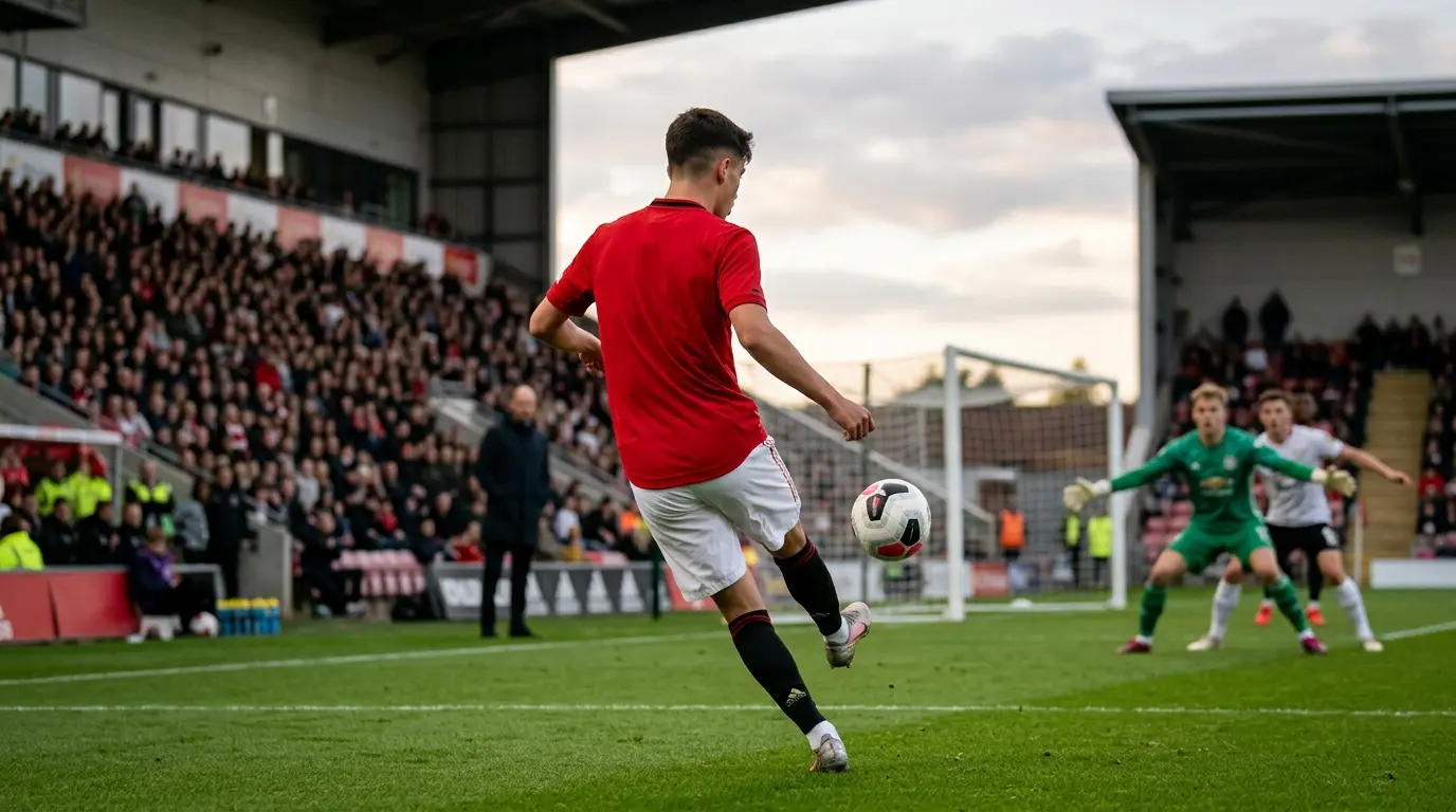 Young Manchester United academy player scoring a lob in an Under-21 match