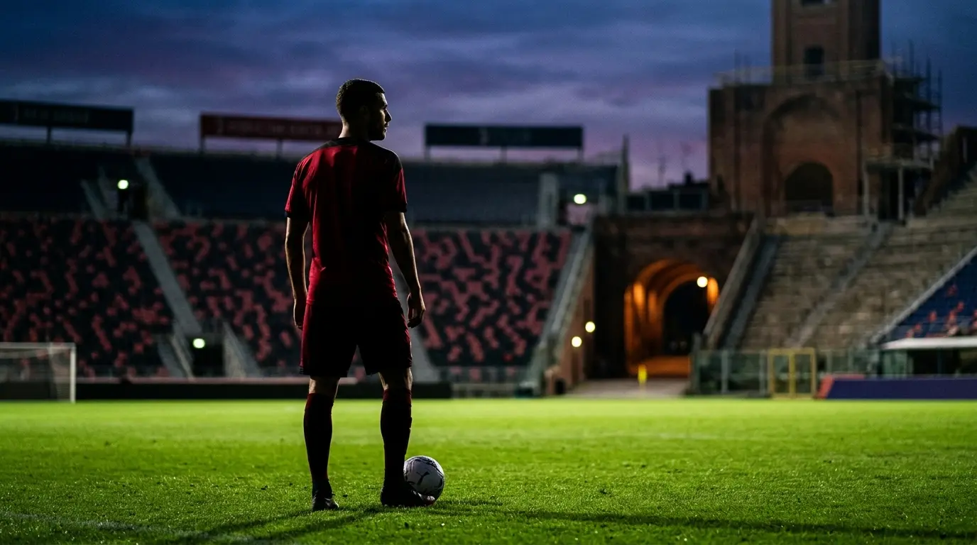 Anonymous striker silhouette under stadium lights representing Jonathan David’s possible return to England