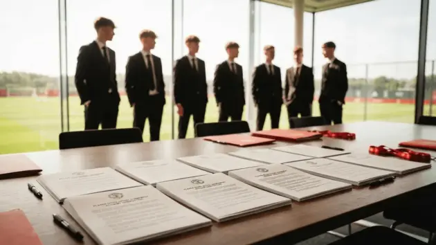Manchester United scholarship contracts on table at Carrington academy signing ceremony