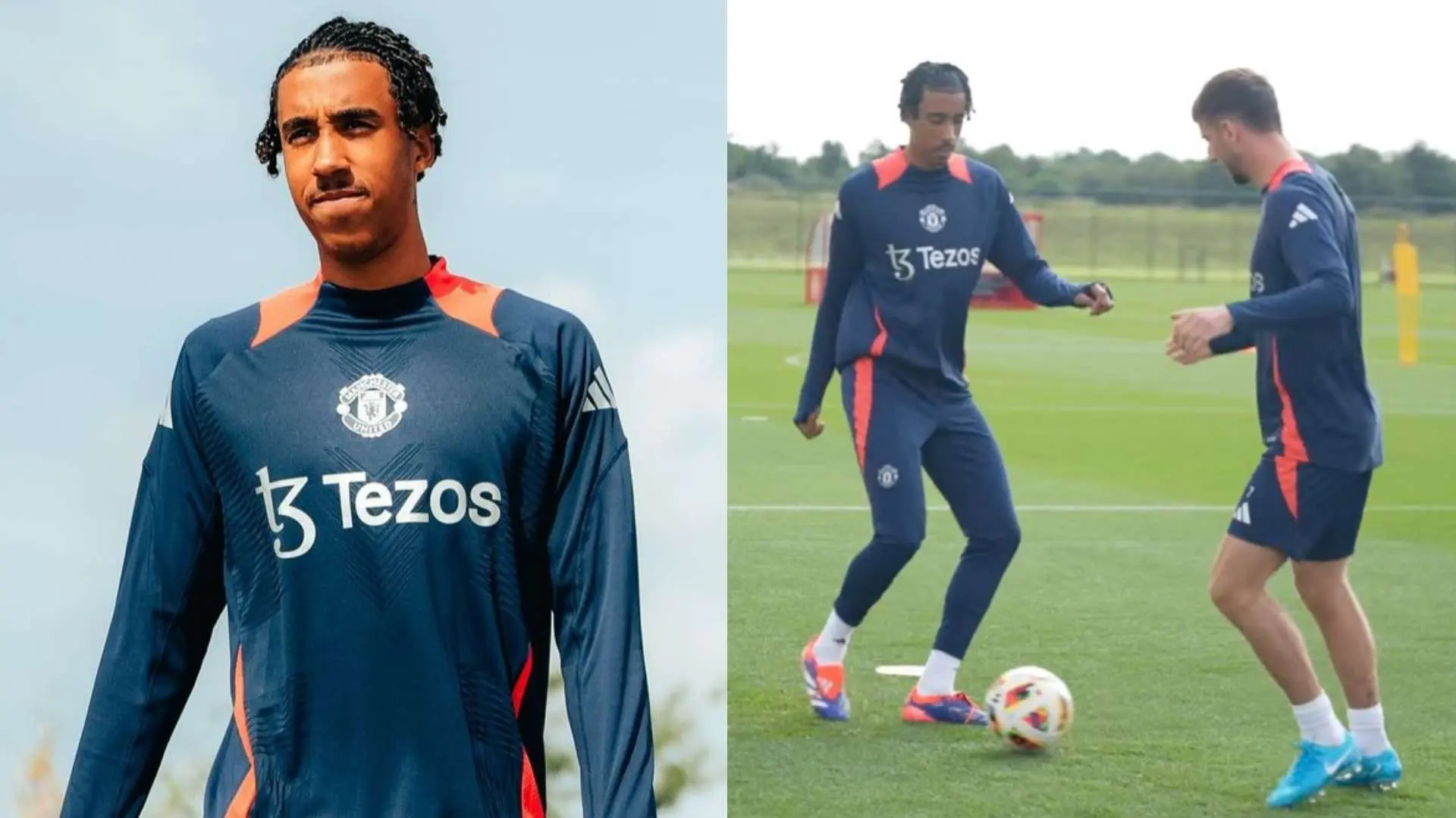 Collage of Leny Yoro in Manchester United training gear, featuring a portrait and an action shot with a soccer ball.