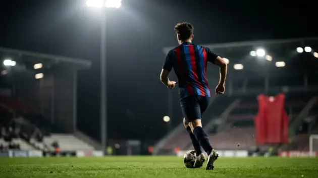 Young winger in a PSG-inspired kit during a dramatic football transfer-style stadium scene