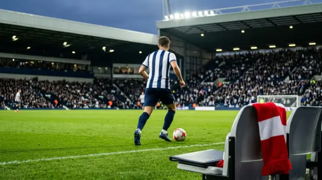 Anonymous midfielder in West Brom-inspired kit during a stadium transfer scene