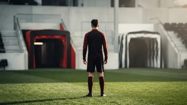 Unidentified footballer facing two stadium tunnels, symbolising Manchester United transfer interest in Lewis-Skelly and Lewis Hall.