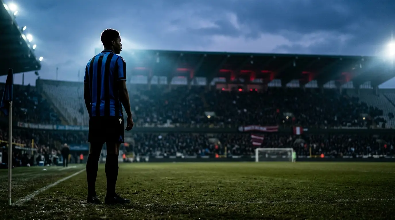 Young striker in a blue and black kit under stadium lights amid Manchester United transfer interest