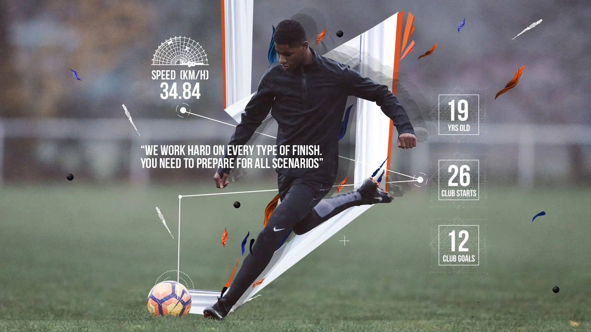 Marcus Rashford in black training gear kicking a football with performance statistics overlay.