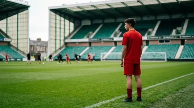 Young Manchester United academy midfielder overlooking a Scottish football stadium during a potential loan move